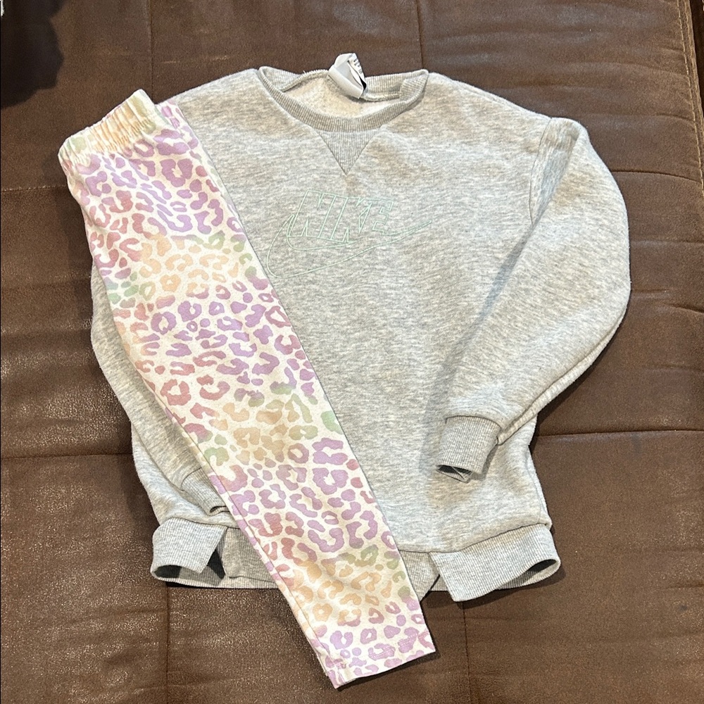 Nike Gray Sweatshirt and Pastel Leopard Leggings Set